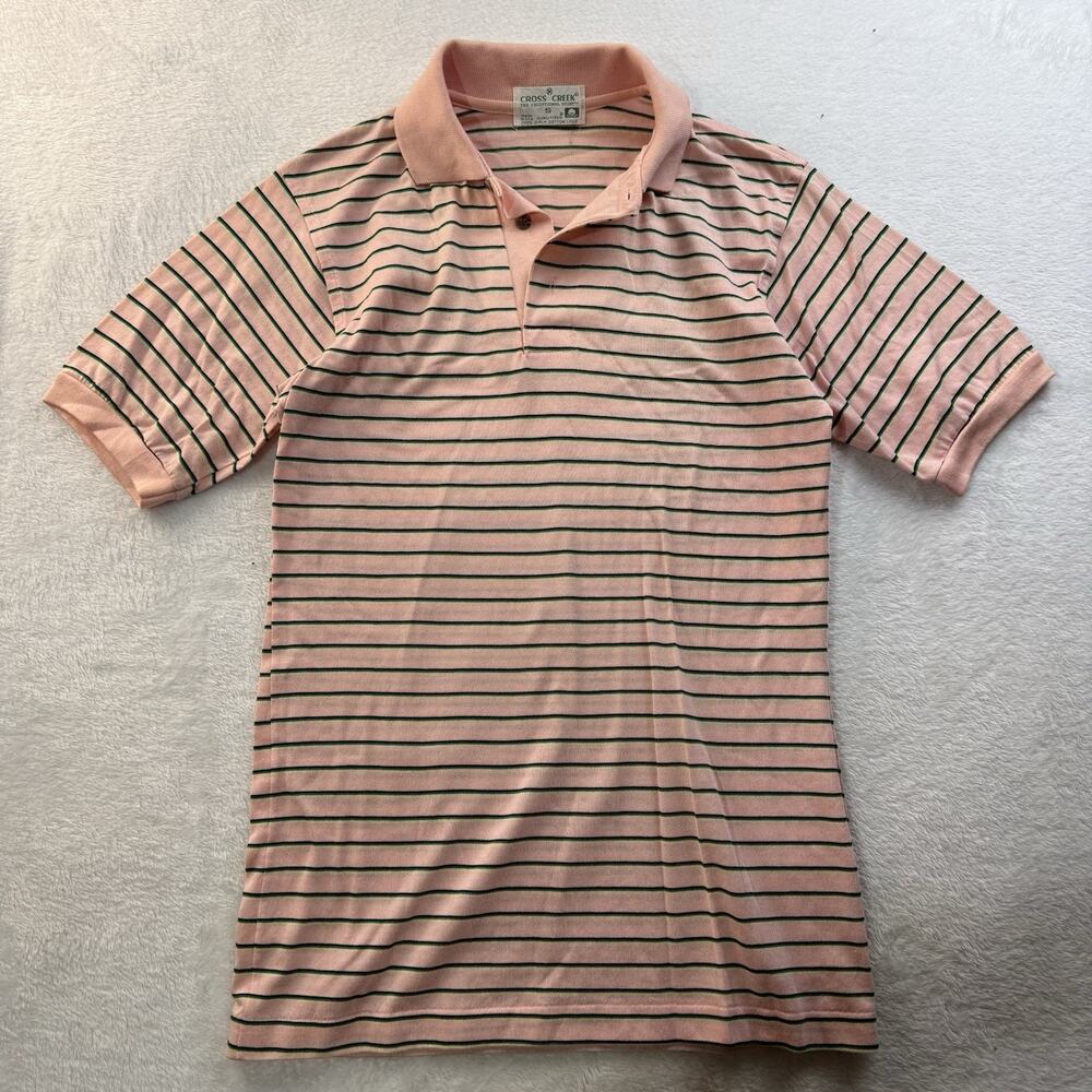 Vtg 70s 80s Cross Creek Pink Green Striped Polo Shirt USA Cotton Lisle Men Small